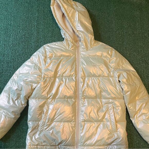 Levi's Hooded Puffer Jacket Ivory Irredescnet Size Large - Picture 1 of 6